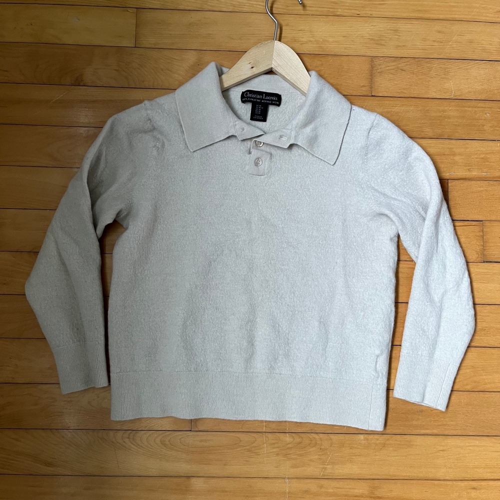 Christian Lacroix Cream 100% Extrafine Merino Wool Long Sleeve Polo Sweater M